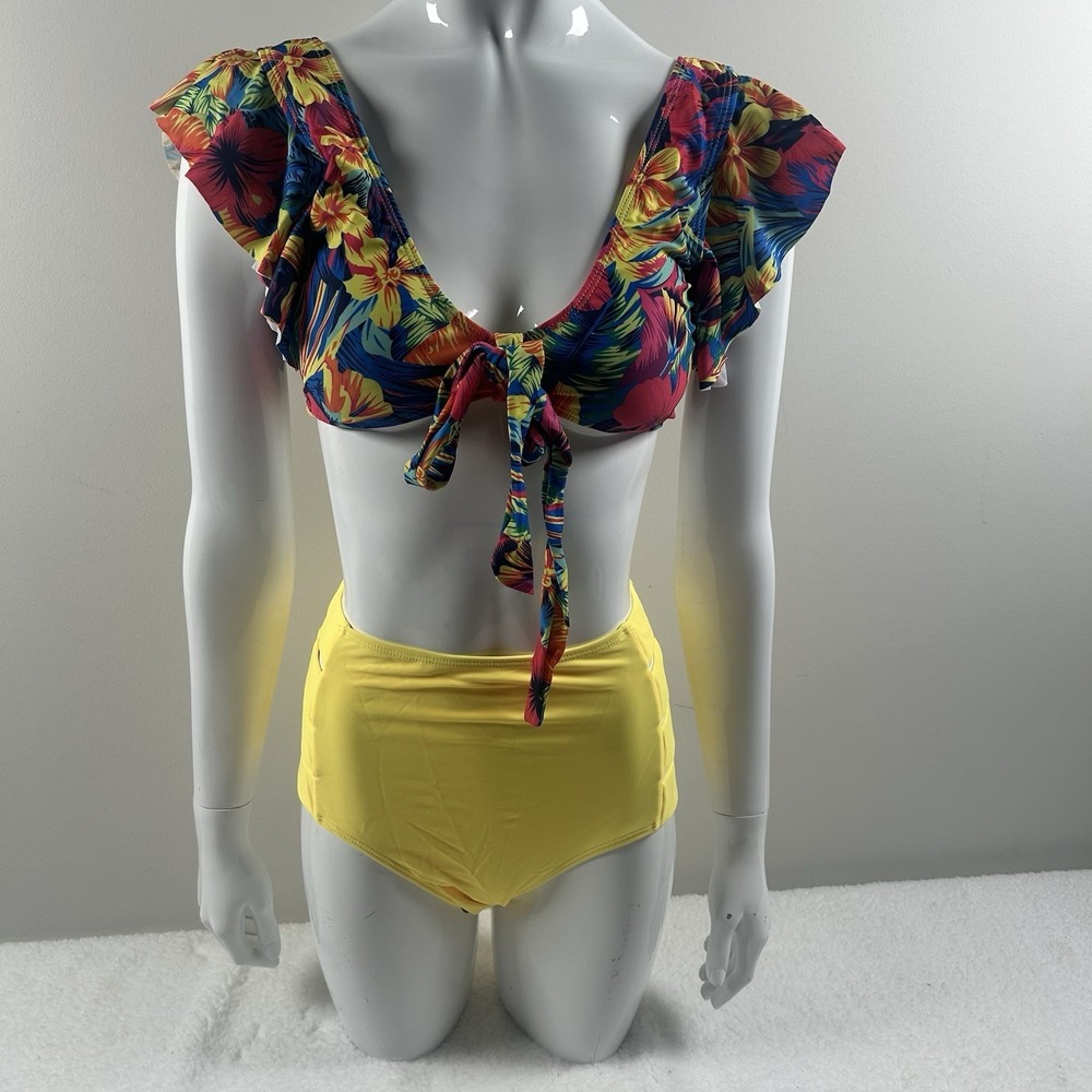 Bikini Set Womens Small Multicolor Floral Ruffle Top High Waist Yellow Bottom - Picture 14 of 16
